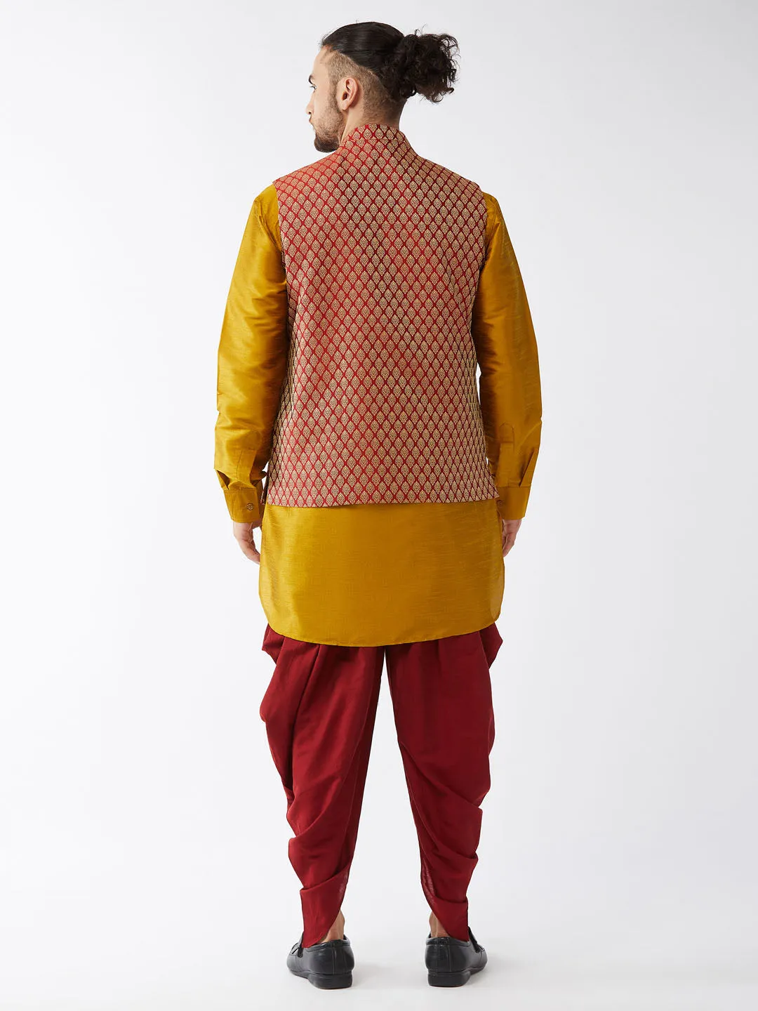 Jashvi Men's Maroon Banarasi Jacket With Mustard Silk Kurta and Dhoti Set