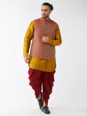 Jashvi Men's Maroon Banarasi Jacket With Mustard Silk Kurta and Dhoti Set