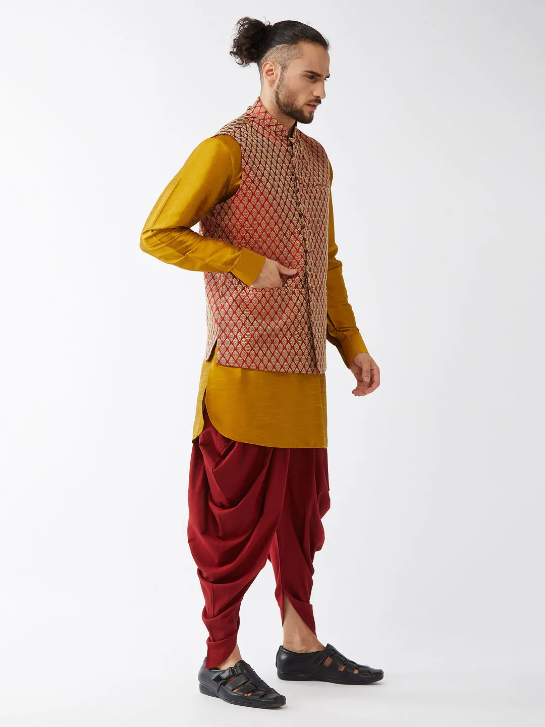 Jashvi Men's Maroon Banarasi Jacket With Mustard Silk Kurta and Dhoti Set