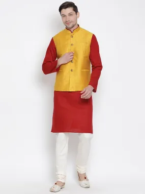 Jashvi Men's Maroon Cotton Blend Kurta, Ethnic Jacket and Pyjama Set