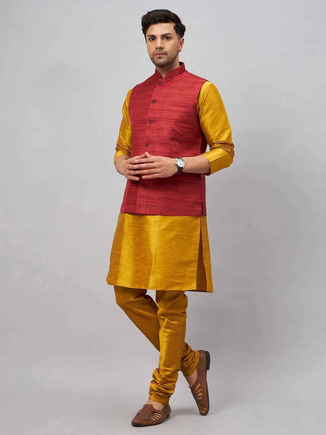 Jashvi Men's Maroon Jacket With Mustard Kurta And Pyjama Set