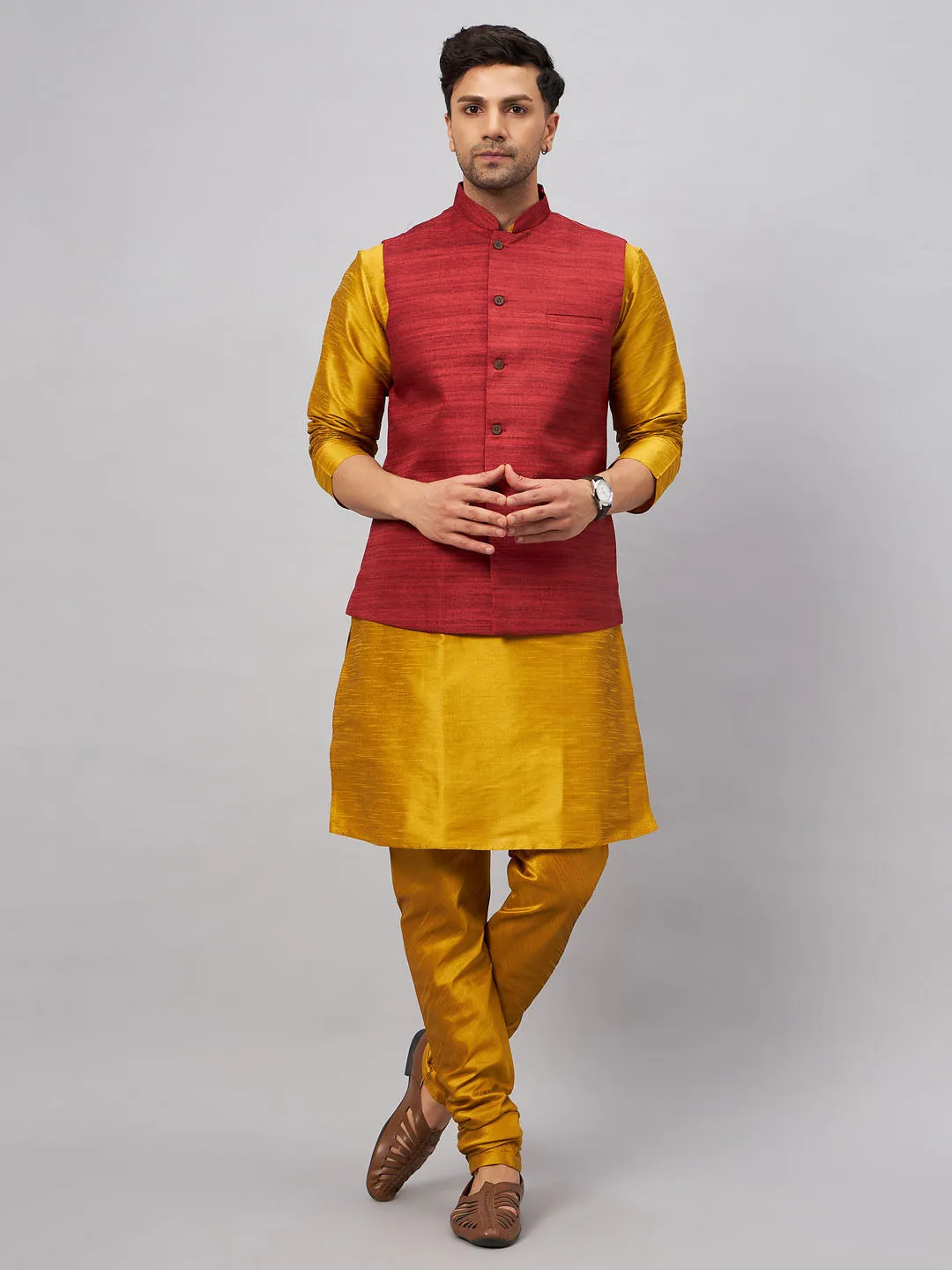 Jashvi Men's Maroon Jacket With Mustard Kurta And Pyjama Set