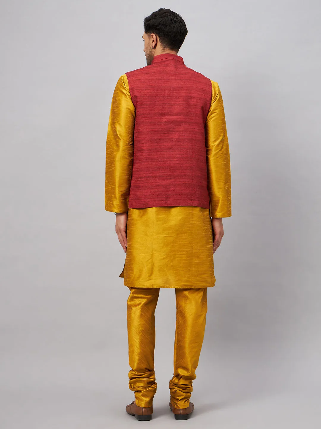 Jashvi Men's Maroon Jacket With Mustard Kurta And Pyjama Set