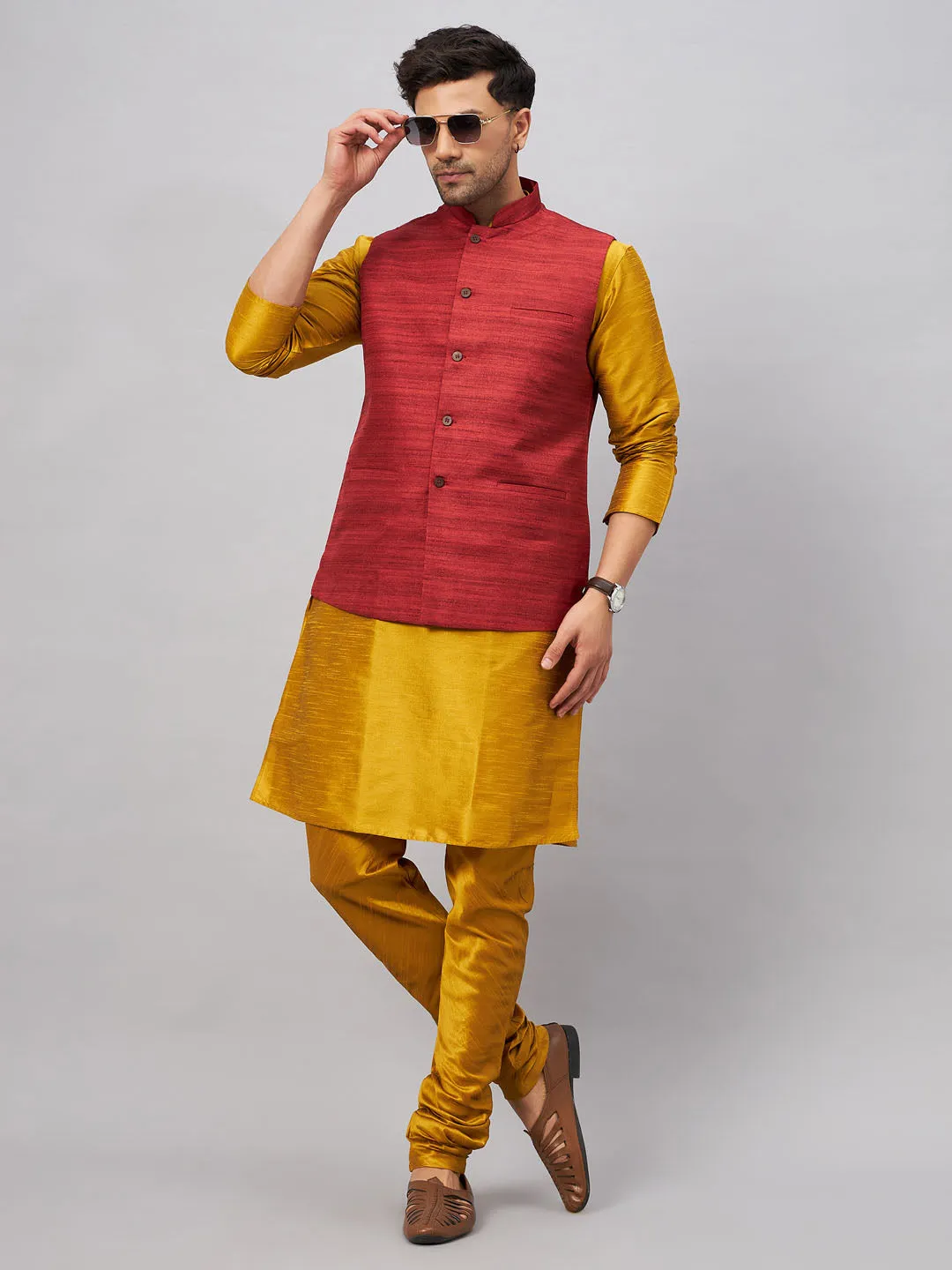 Jashvi Men's Maroon Jacket With Mustard Kurta And Pyjama Set