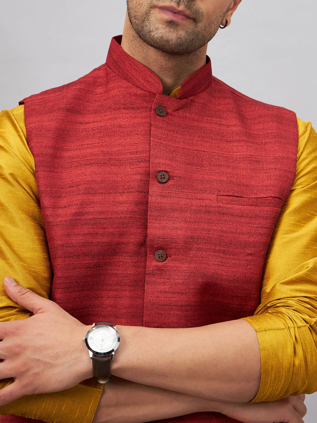 Jashvi Men's Maroon Jacket With Mustard Kurta And Pyjama Set