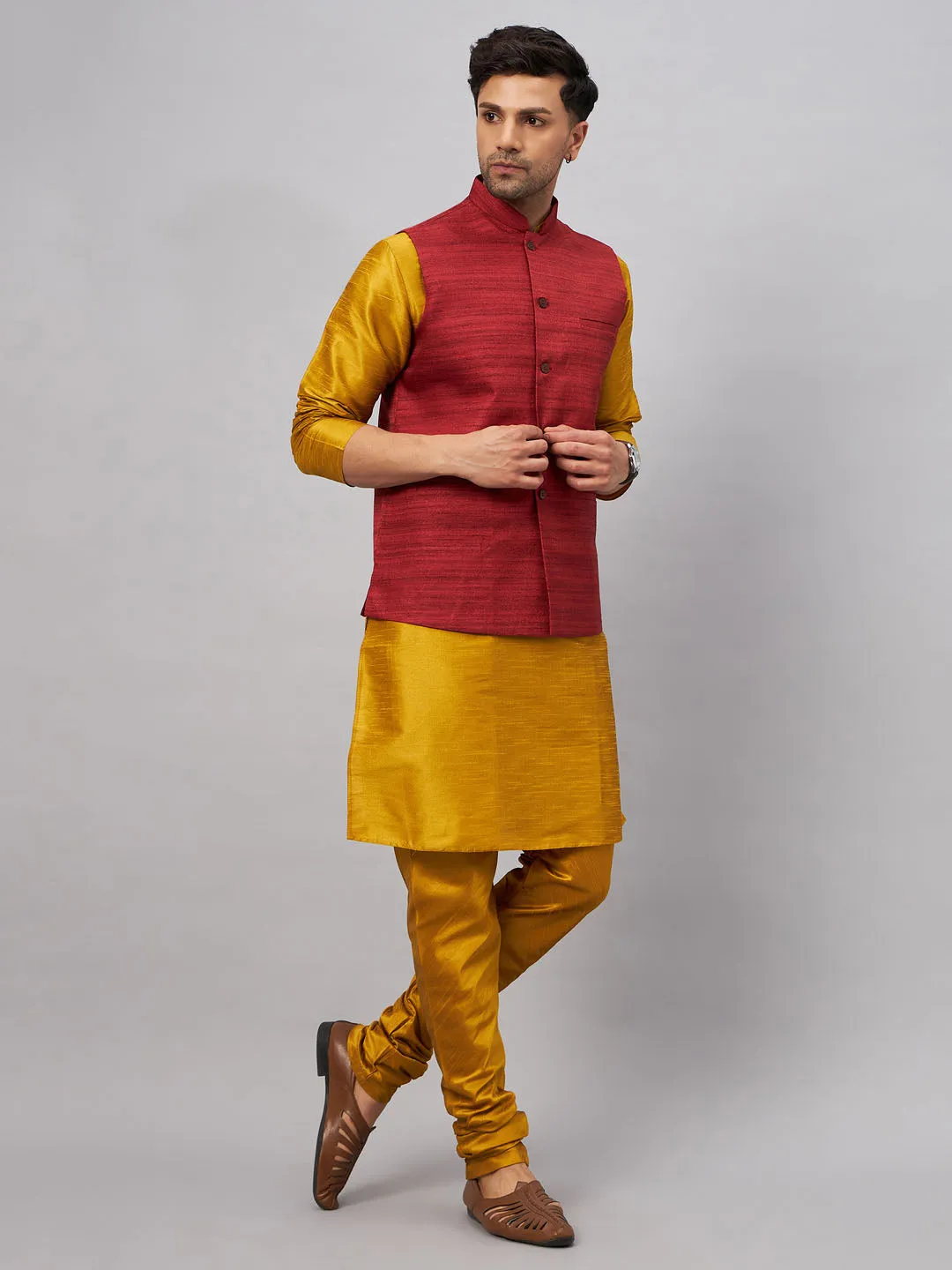 Jashvi Men's Maroon Jacket With Mustard Kurta And Pyjama Set