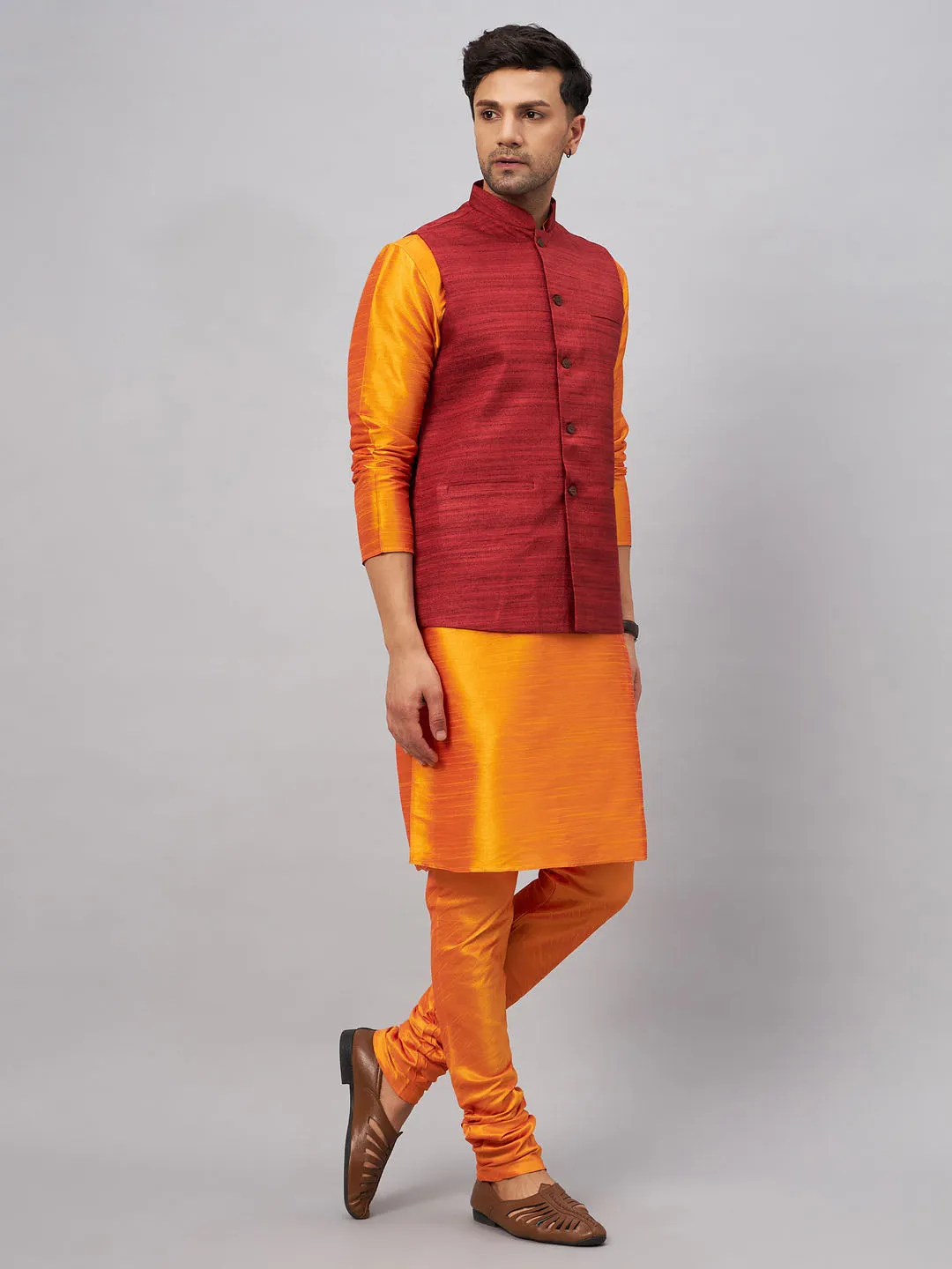 Jashvi Men's Maroon Jacket With Orange Kurta And Pyjama Set