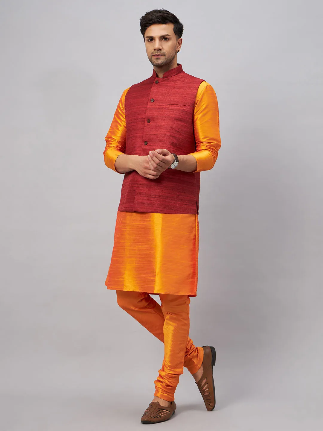 Jashvi Men's Maroon Jacket With Orange Kurta And Pyjama Set