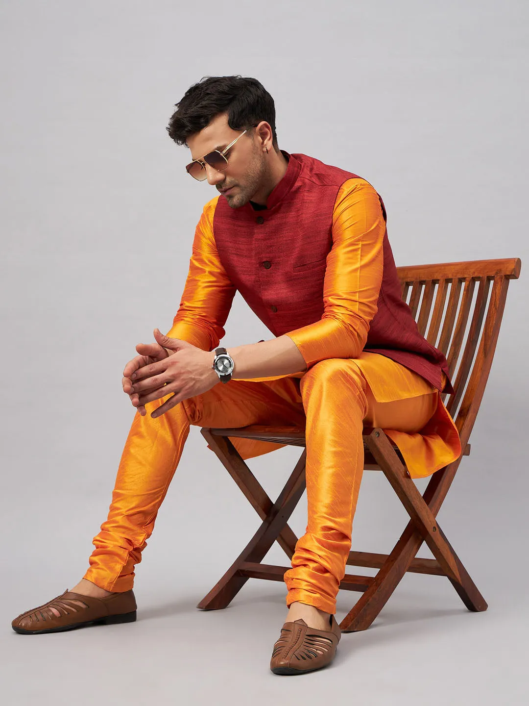 Jashvi Men's Maroon Jacket With Orange Kurta And Pyjama Set