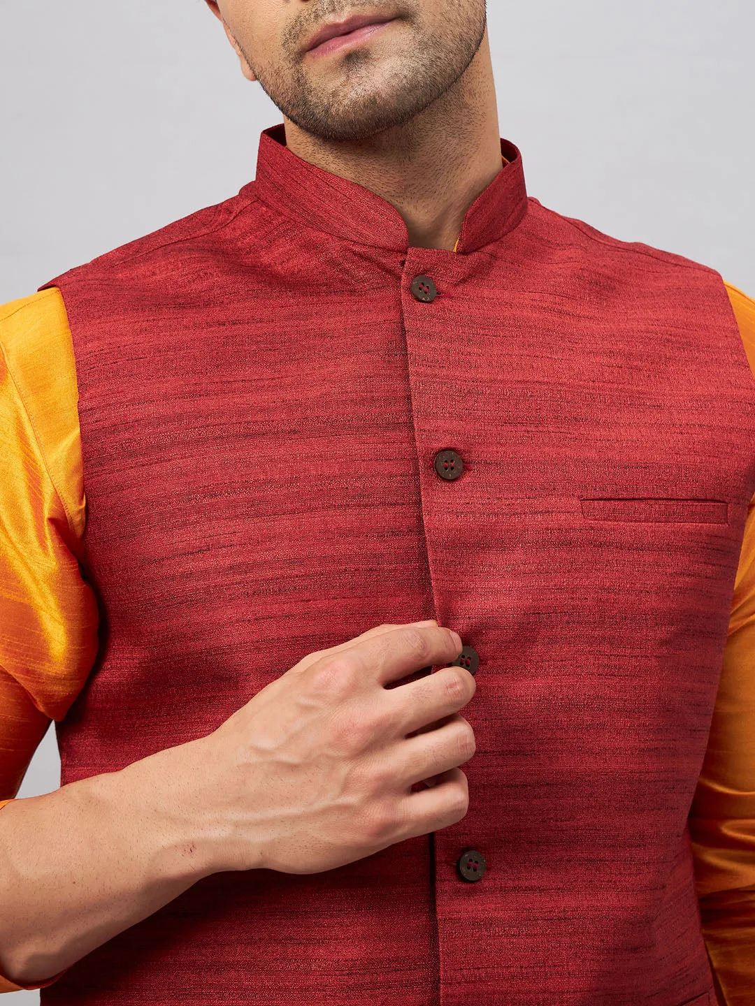 Jashvi Men's Maroon Jacket With Orange Kurta And Pyjama Set