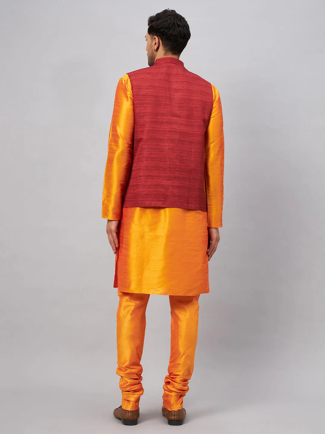 Jashvi Men's Maroon Jacket With Orange Kurta And Pyjama Set