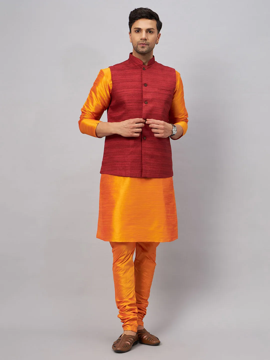 Jashvi Men's Maroon Jacket With Orange Kurta And Pyjama Set