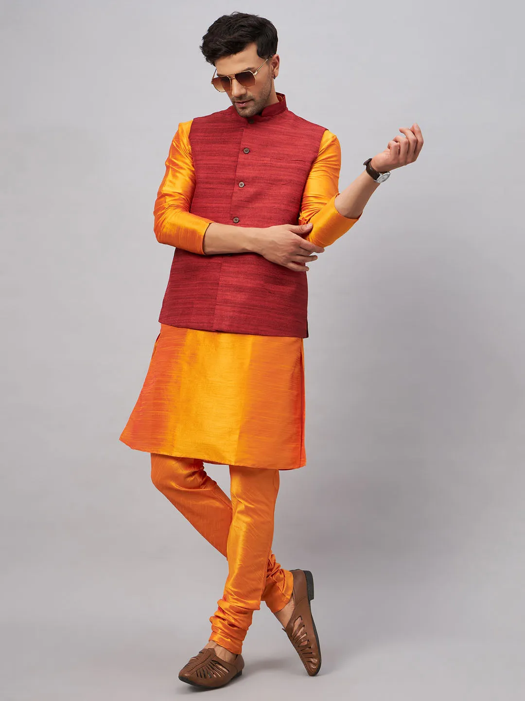 Jashvi Men's Maroon Jacket With Orange Kurta And Pyjama Set