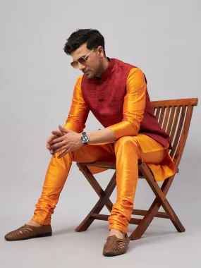 Jashvi Men's Maroon Jacket With Orange Kurta And Pyjama Set