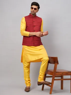 Jashvi Men's Maroon Jacket With Yellow Kurta And Pyjama Set