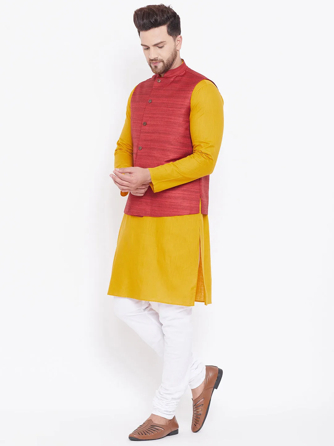 Jashvi Men's Maroon, Mustard And White Cotton Blend Jacket, Kurta and Pyjama Set