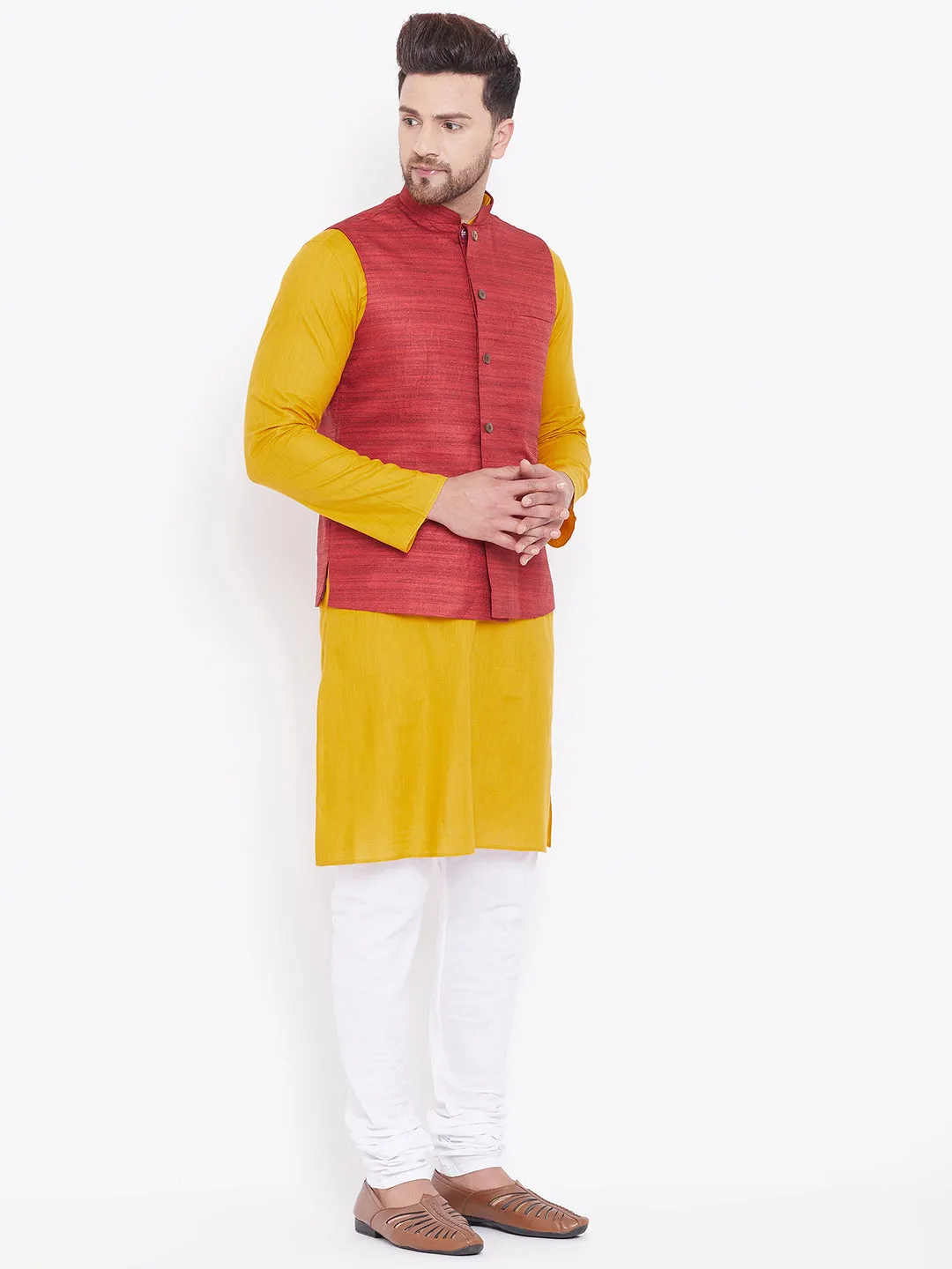 Jashvi Men's Maroon, Mustard And White Cotton Blend Jacket, Kurta and Pyjama Set