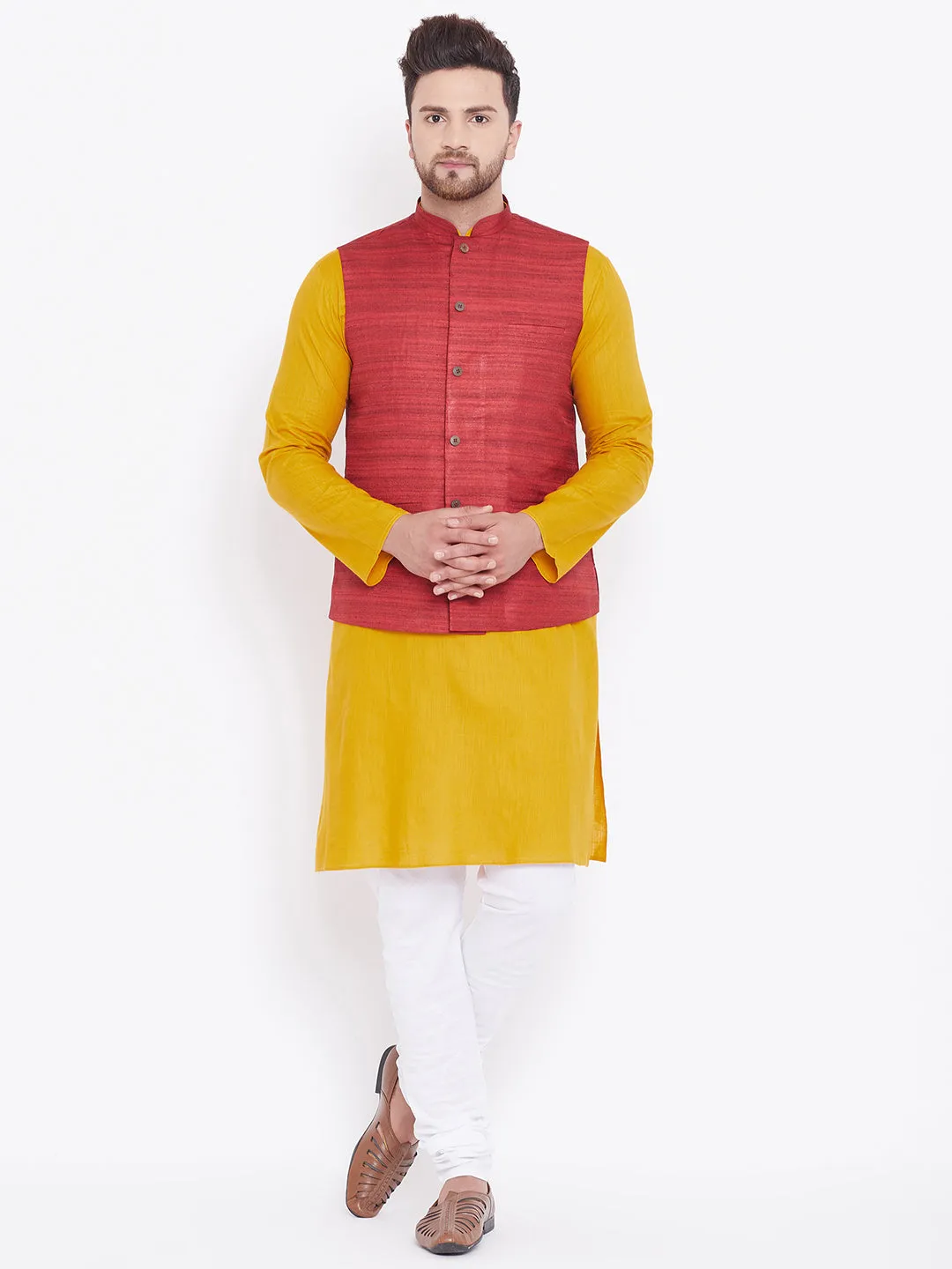 Jashvi Men's Maroon, Mustard And White Cotton Blend Jacket, Kurta and Pyjama Set