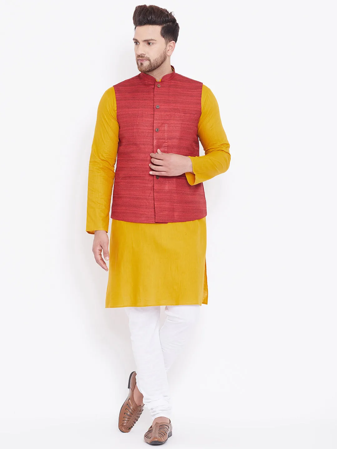 Jashvi Men's Maroon, Mustard And White Cotton Blend Jacket, Kurta and Pyjama Set