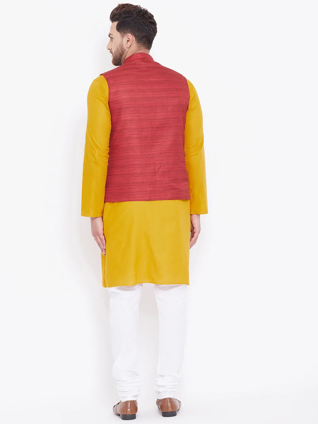 Jashvi Men's Maroon, Mustard And White Cotton Blend Jacket, Kurta and Pyjama Set