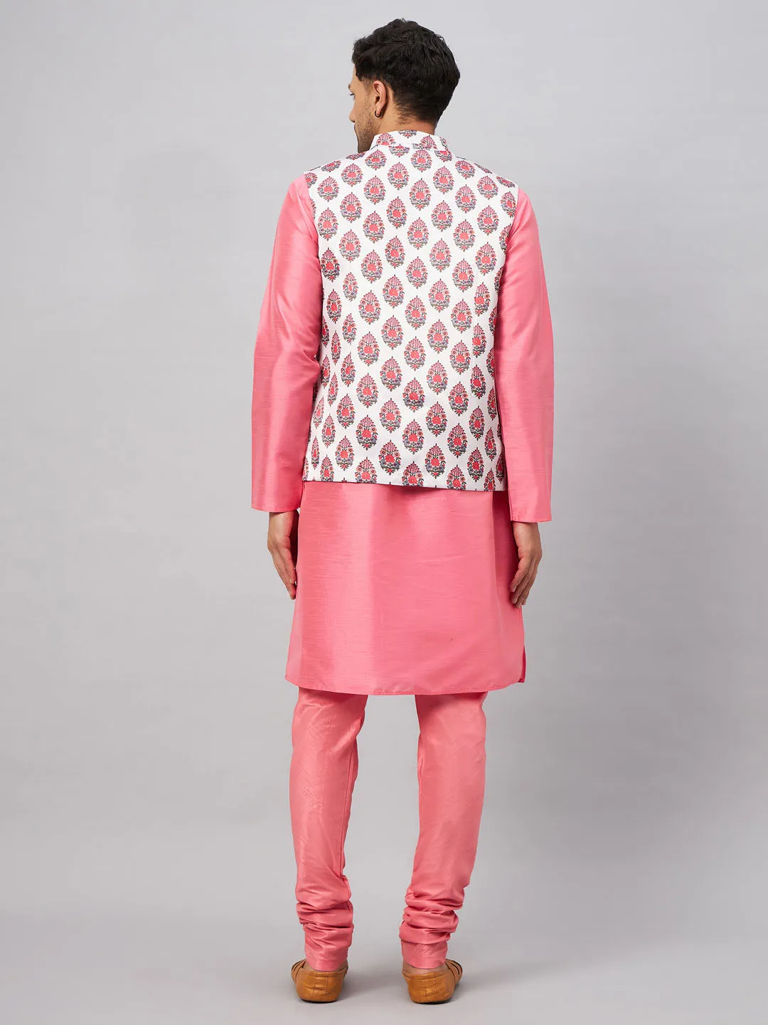 Jashvi Men's Multicolor Printed Jacket With Pink Kurta And Pyjama Set