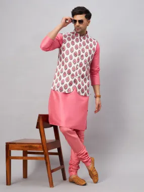 Jashvi Men's Multicolor Printed Jacket With Pink Kurta And Pyjama Set