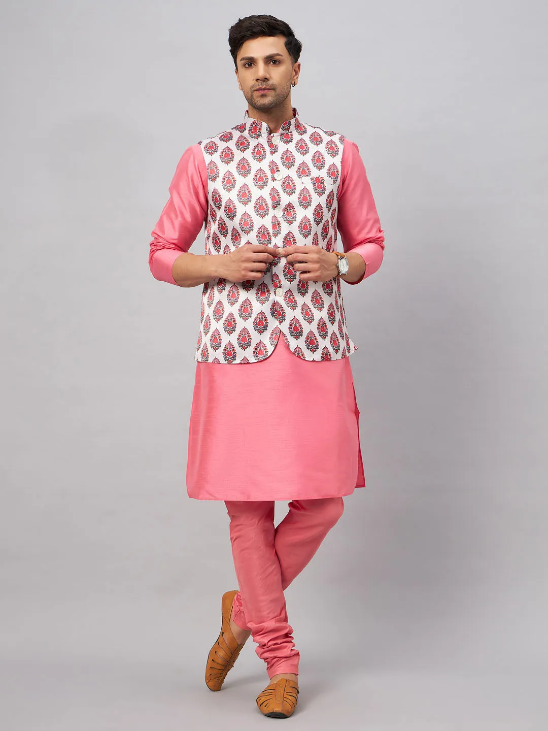 Jashvi Men's Multicolor Printed Jacket With Pink Kurta And Pyjama Set