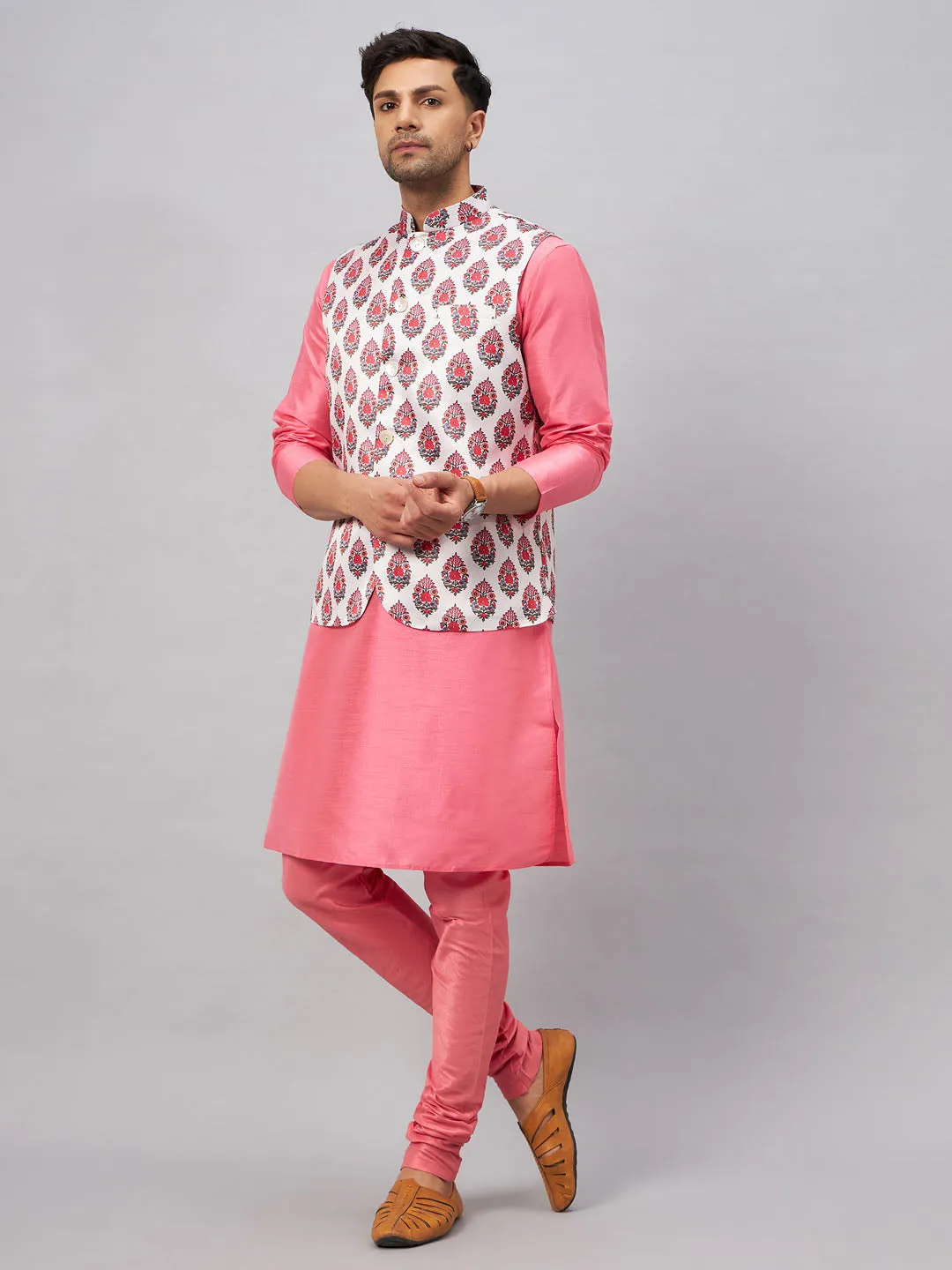 Jashvi Men's Multicolor Printed Jacket With Pink Kurta And Pyjama Set