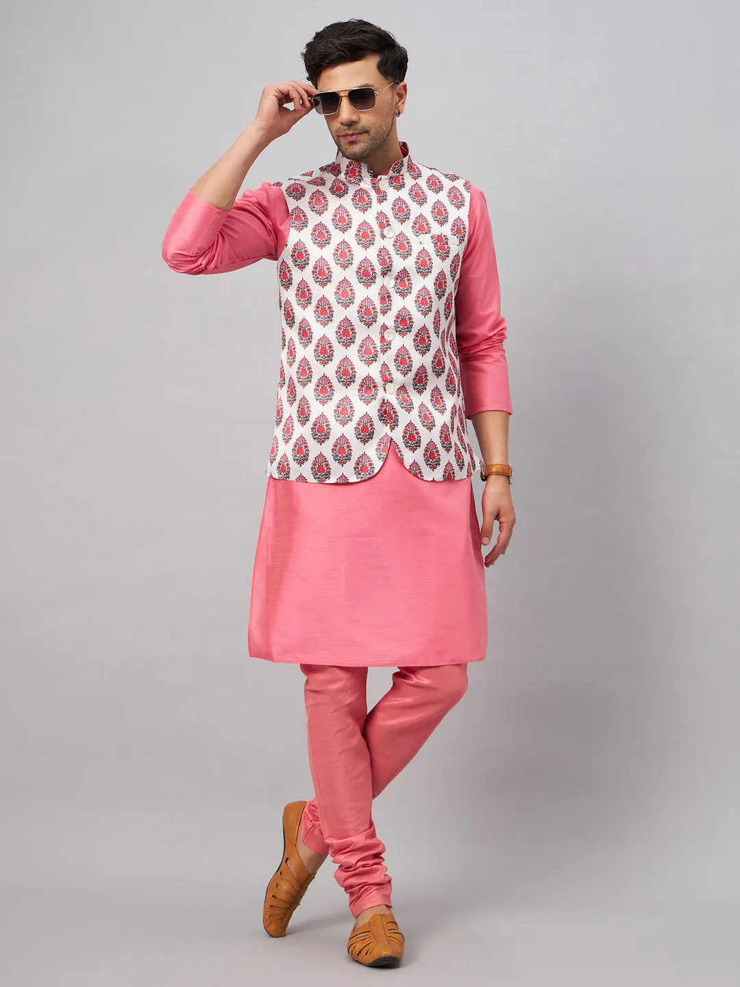 Jashvi Men's Multicolor Printed Jacket With Pink Kurta And Pyjama Set