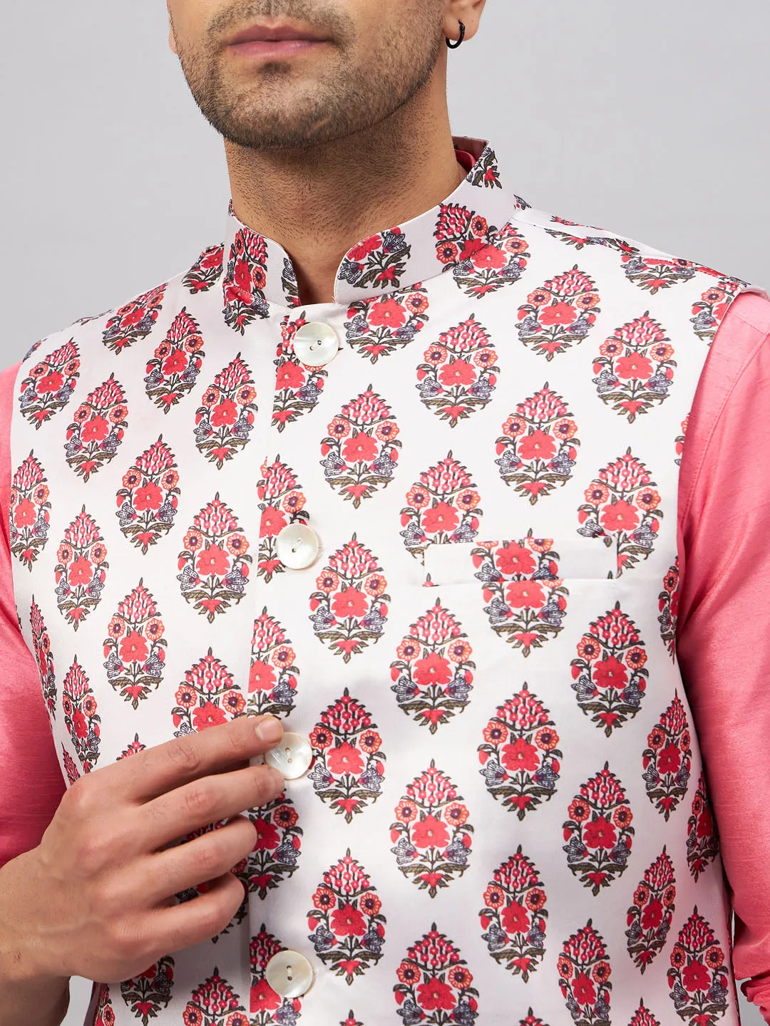 Jashvi Men's Multicolor Printed Jacket With Pink Kurta And Pyjama Set