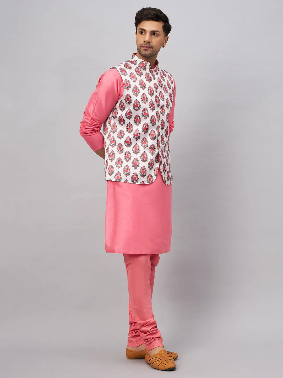 Jashvi Men's Multicolor Printed Jacket With Pink Kurta And Pyjama Set