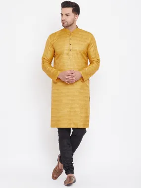 Jashvi Men's Mustard And Black Silk Blend Kurta Pyjama Set