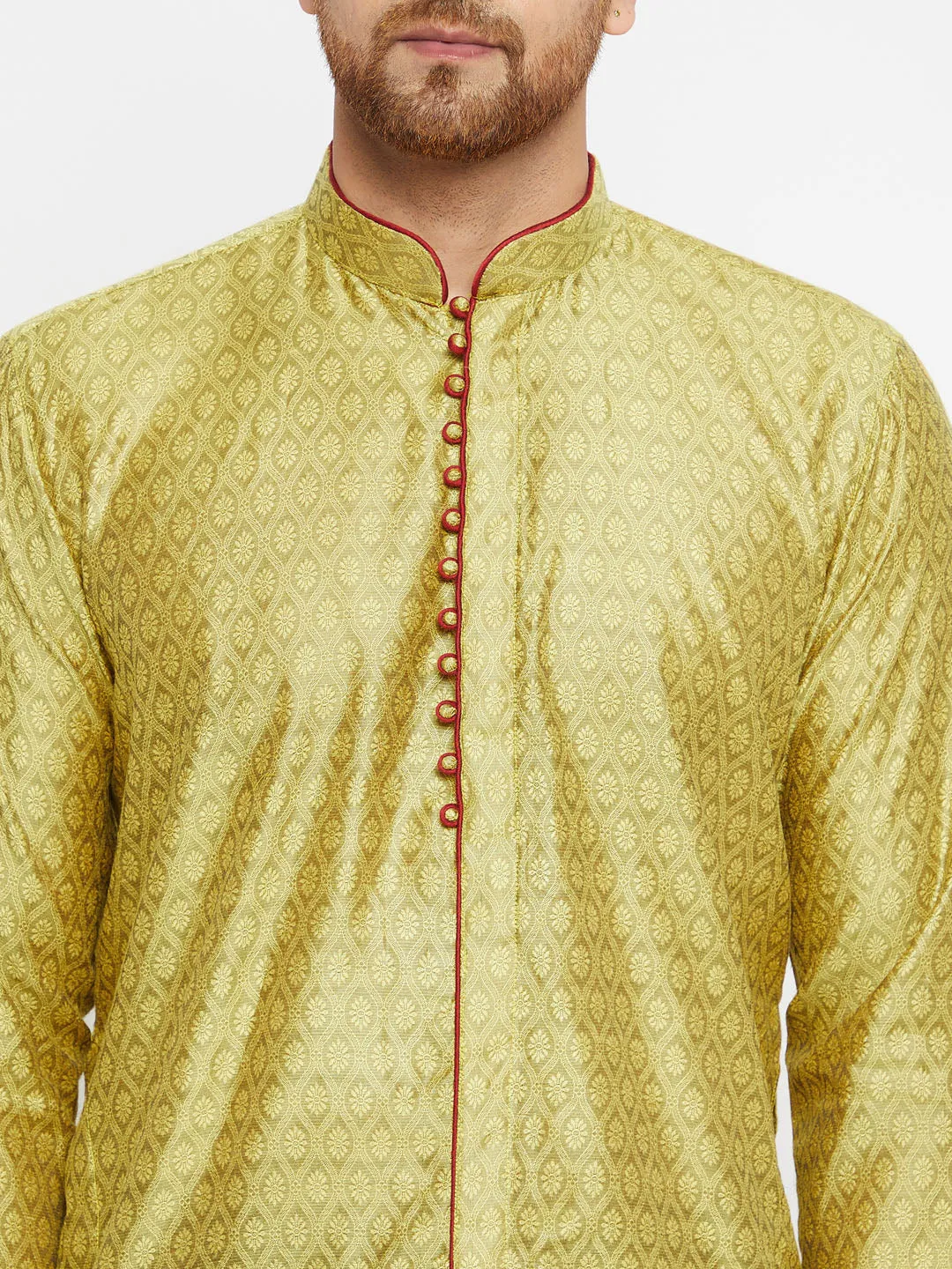 Jashvi Men's Mustard And Maroon Silk Blend Kurta Pyjama Set