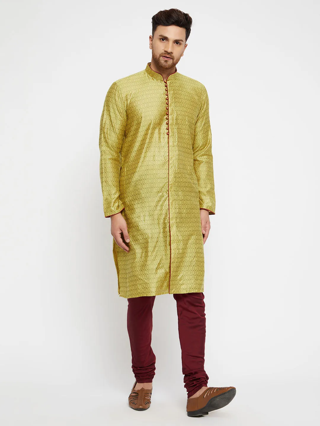 Jashvi Men's Mustard And Maroon Silk Blend Kurta Pyjama Set