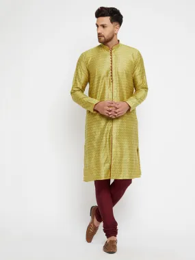 Jashvi Men's Mustard And Maroon Silk Blend Kurta Pyjama Set