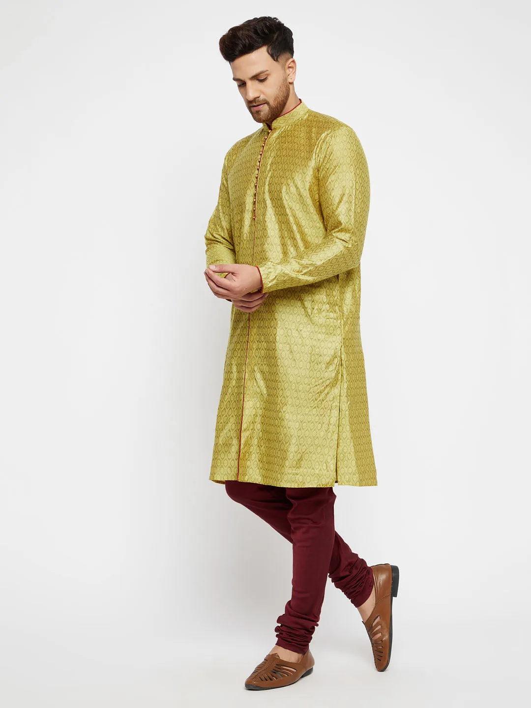 Jashvi Men's Mustard And Maroon Silk Blend Kurta Pyjama Set