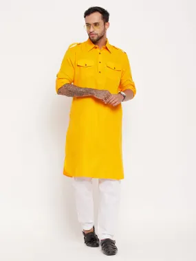 Jashvi Men's Mustard And White Cotton Blend Pathani Suit Set