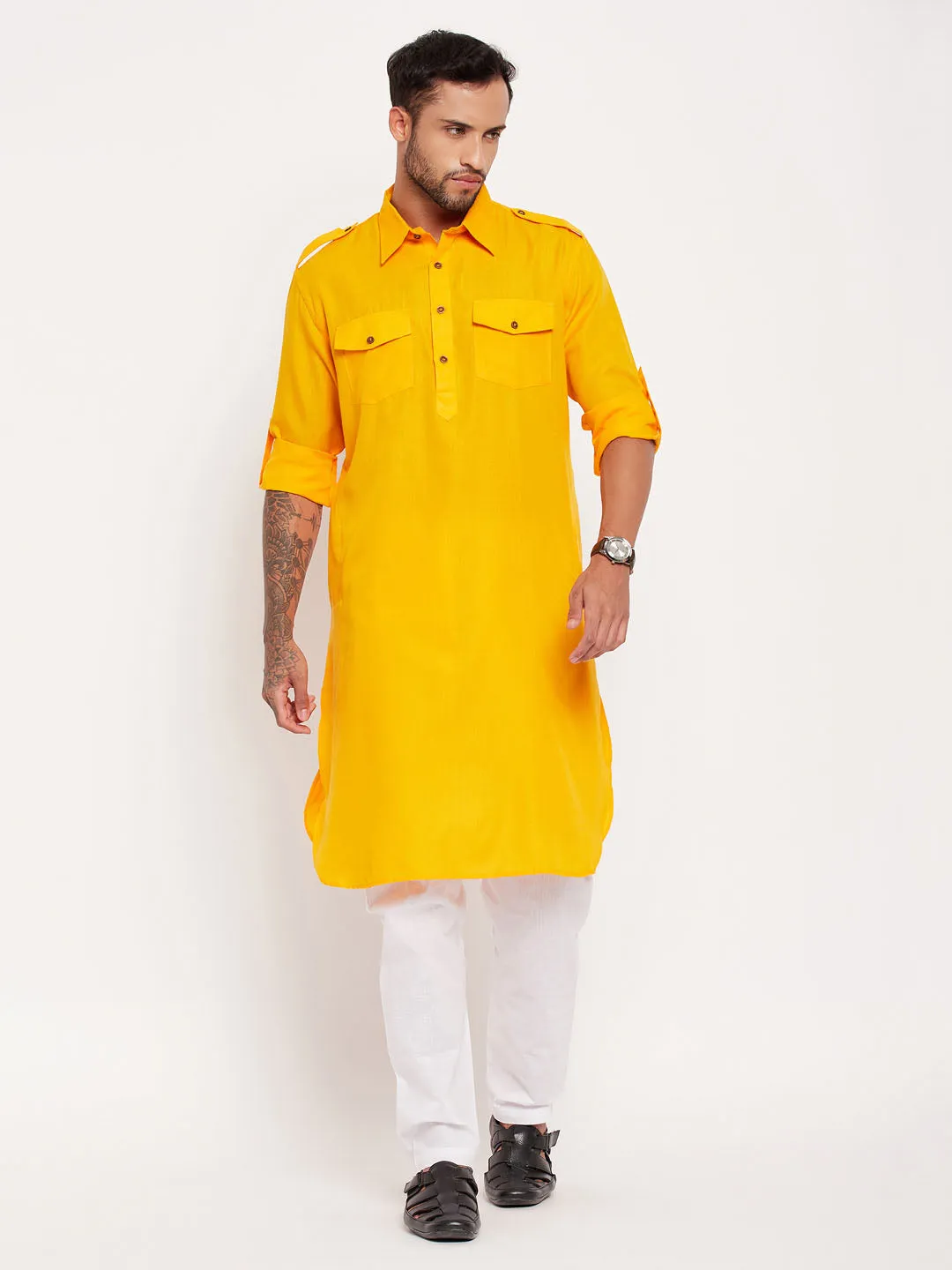 Jashvi Men's Mustard And White Cotton Blend Pathani Suit Set