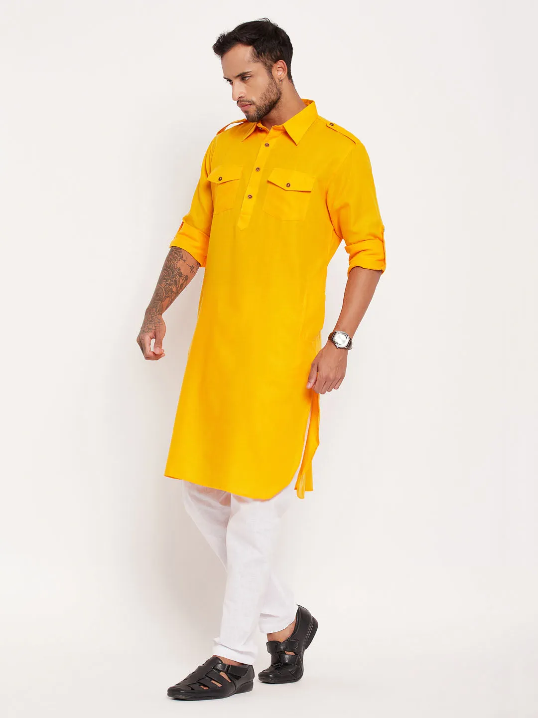 Jashvi Men's Mustard And White Cotton Blend Pathani Suit Set