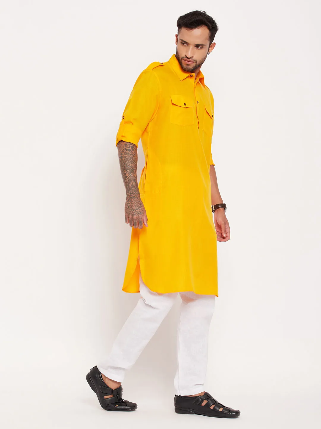 Jashvi Men's Mustard And White Cotton Blend Pathani Suit Set