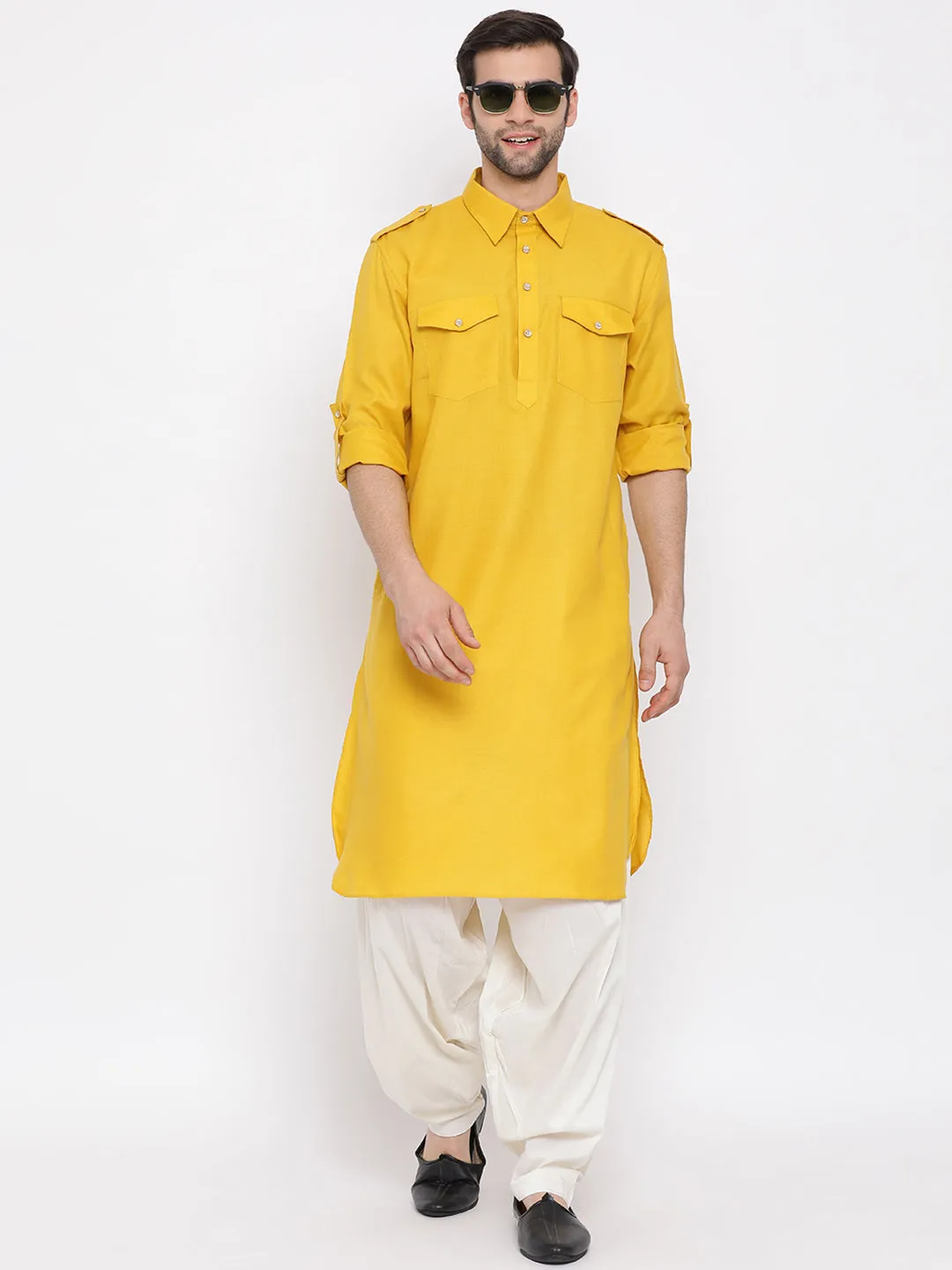 Jashvi Men's Mustard Cotton Blend Pathani Suit Set