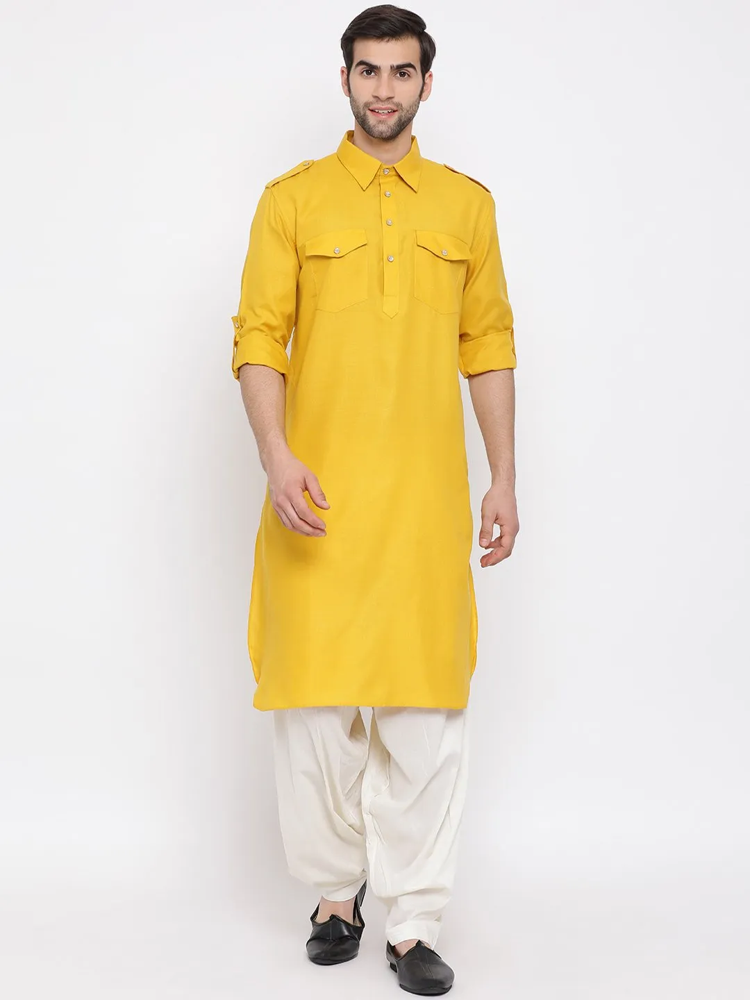 Jashvi Men's Mustard Cotton Blend Pathani Suit Set