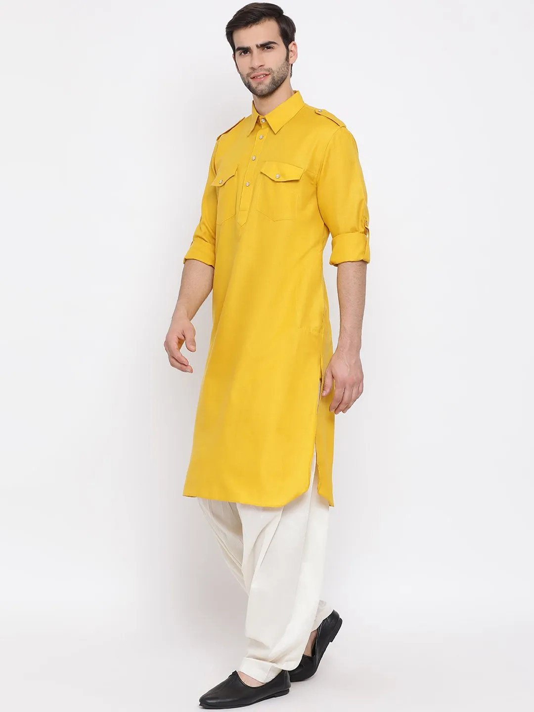 Jashvi Men's Mustard Cotton Blend Pathani Suit Set