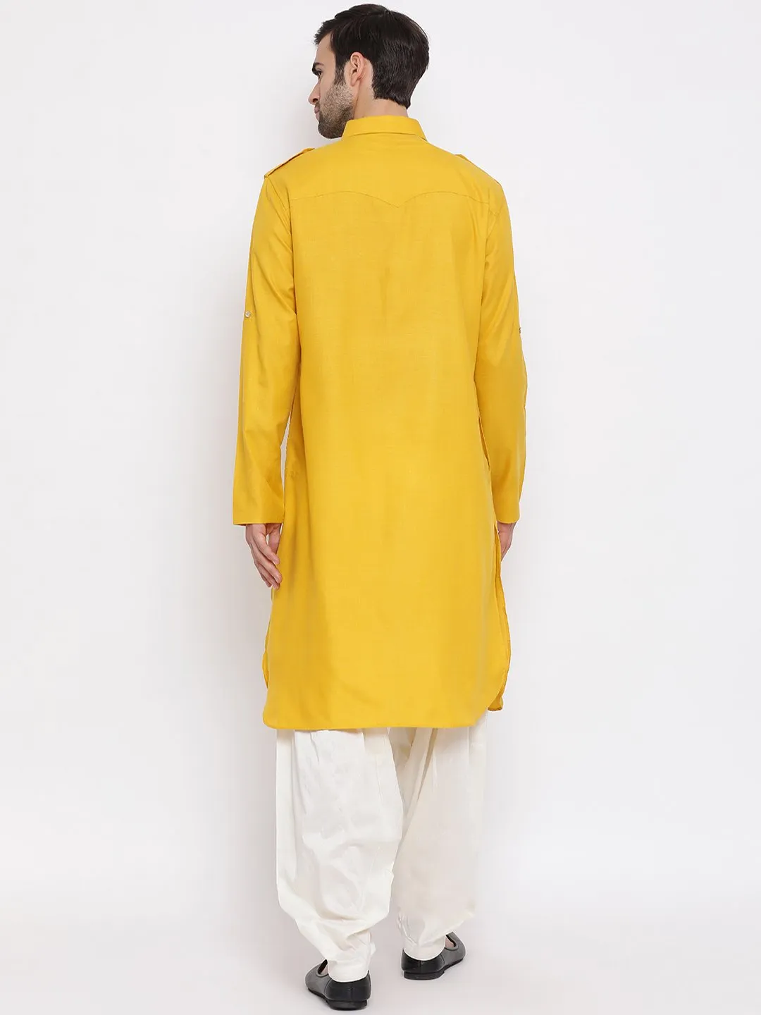 Jashvi Men's Mustard Cotton Blend Pathani Suit Set