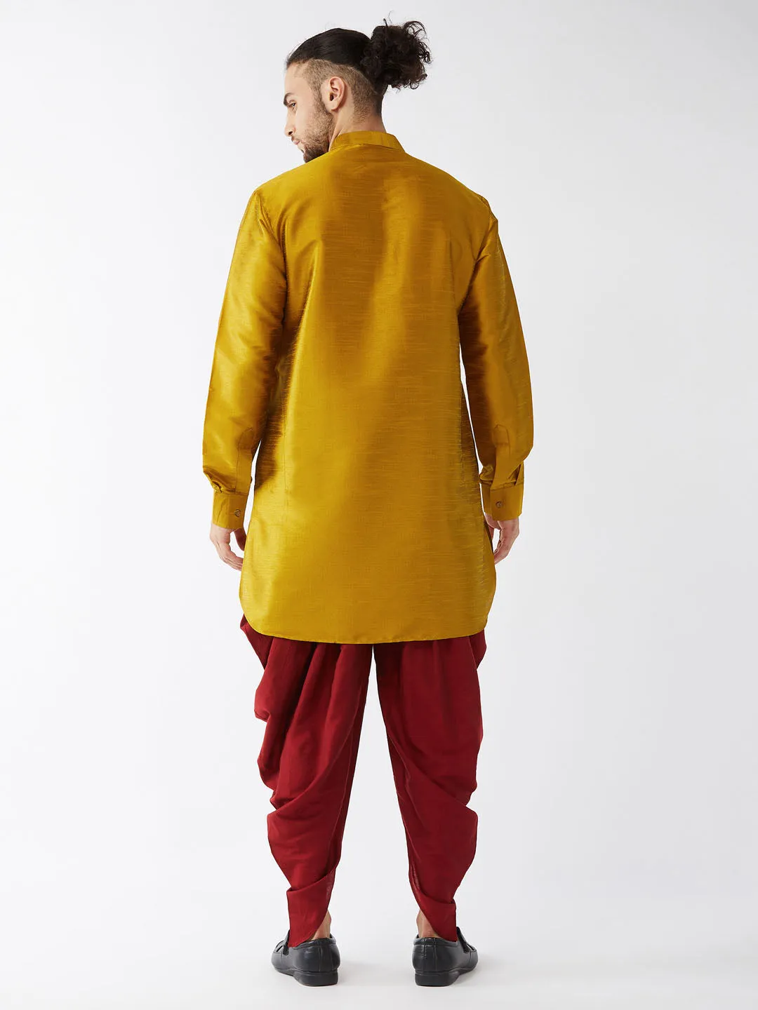 Jashvi Men's Mustard Curved Kurta Dhoti Set