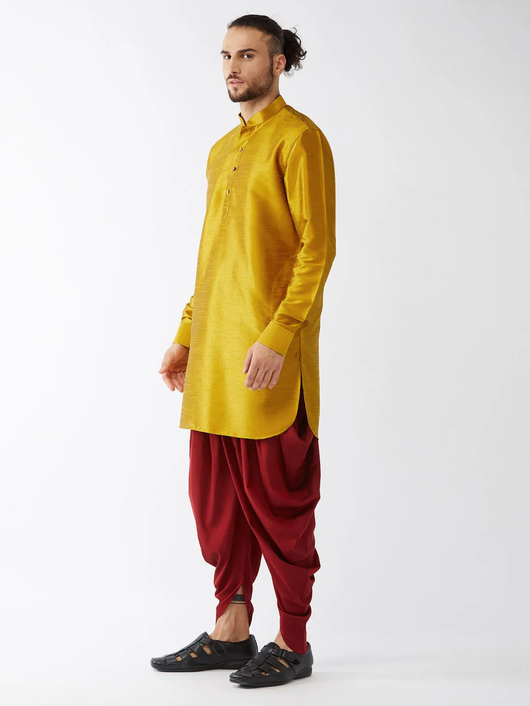 Jashvi Men's Mustard Curved Kurta Dhoti Set