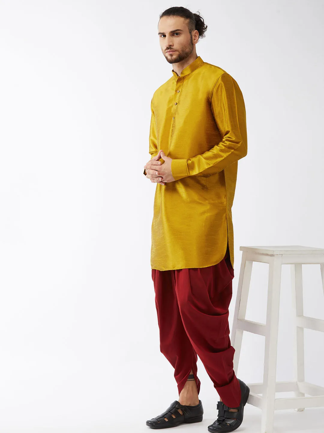 Jashvi Men's Mustard Curved Kurta Dhoti Set