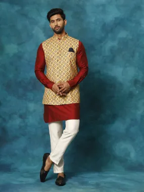 Jashvi Men's Mustard Geometric Printed Nehru Jacket With Curved Kurta And Pant Set