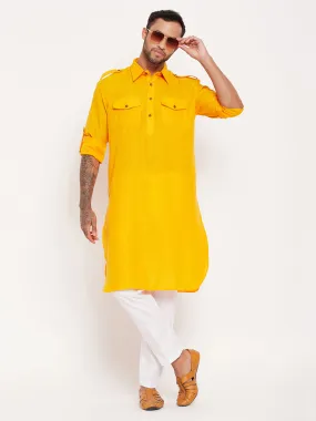 Jashvi Men's Mustard Pathani Suit With White Pant Set