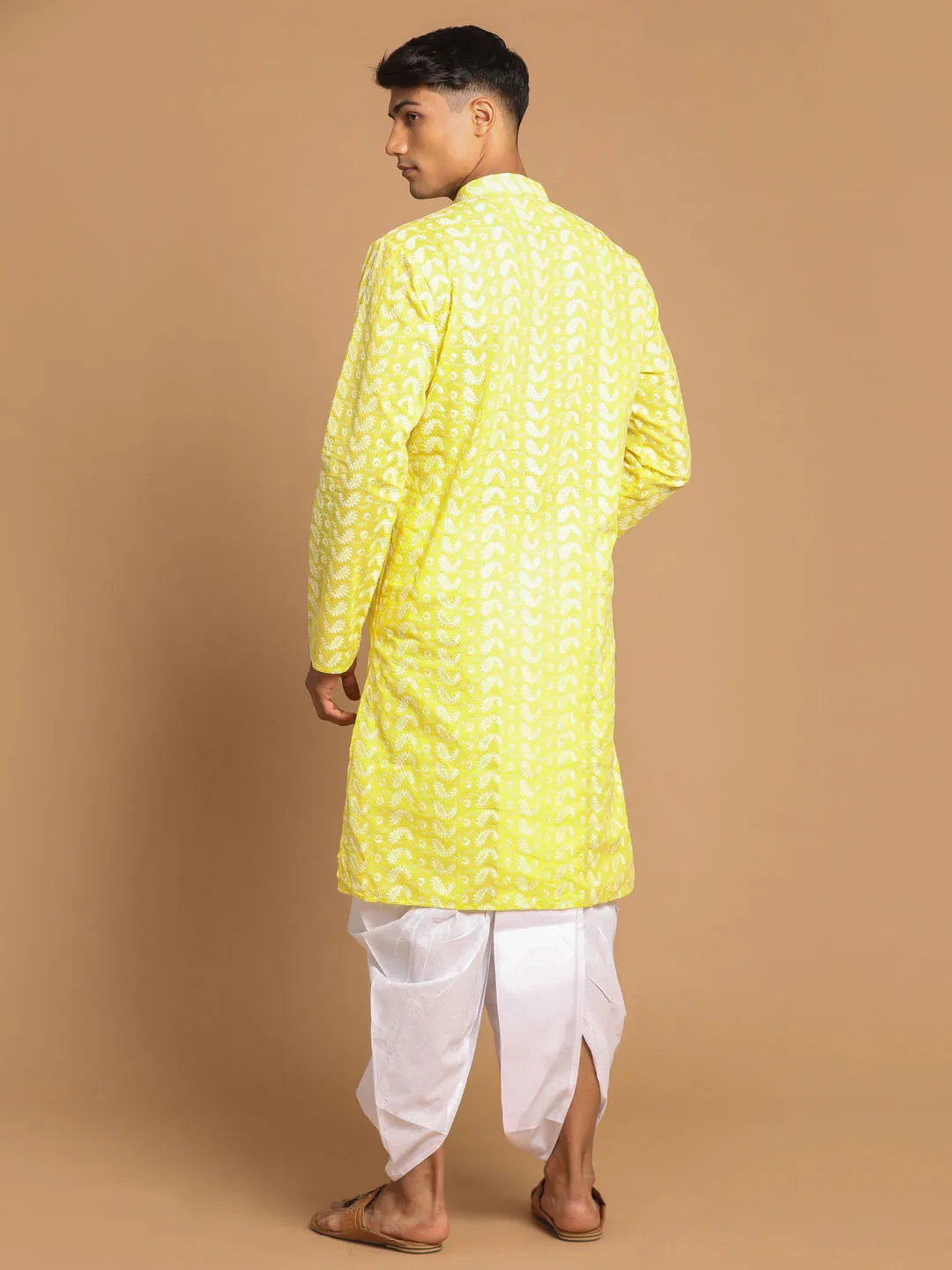 Jashvi Men's Mustard Pure Cotton Chikankari Kurta With Dhoti set